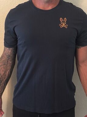 Psycho Bunny Navy Crewneck Tee with Orange Bunny Skull Logo